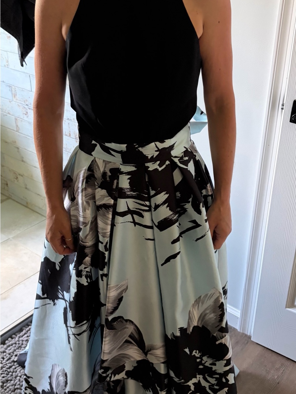 High-Low Floral Satin Dress in Light Blue and Black
